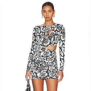 AFRM Black & White Floral Long Sleeve Cut Out Stretch Bodycon Fitted Mini Dress